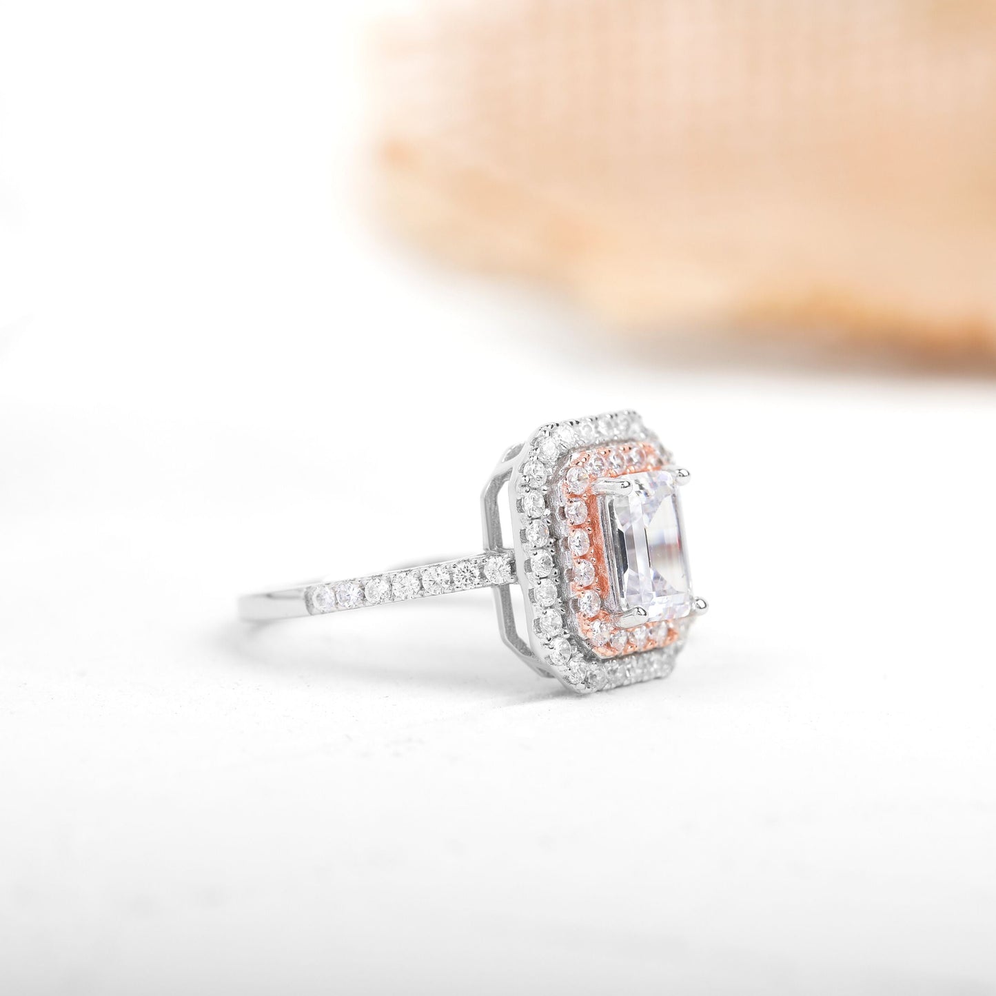 1.6 CT Emerald Cut Double Halo Moissanite Diamond Engagement Ring