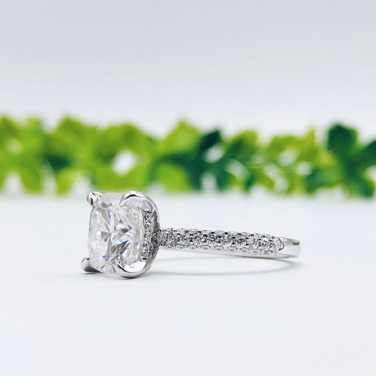 1.7 CT Cushion Moissanite Diamond Hidden Halo Engagement Ring