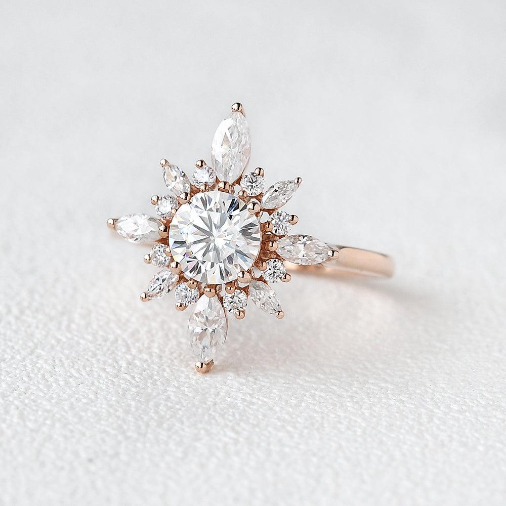 0.7 CT Round Moissanite Diamond Cluster Halo Engagement Ring