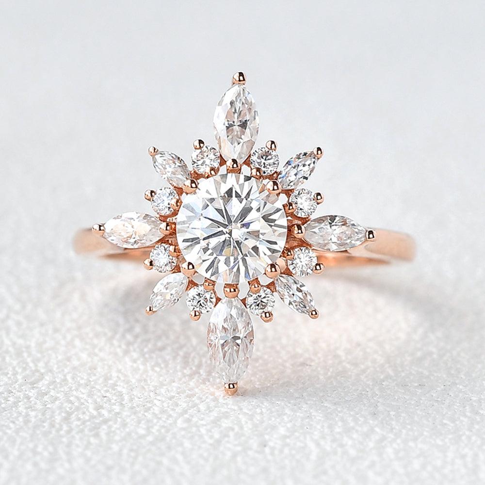 0.7 CT Round Moissanite Diamond Cluster Halo Engagement Ring