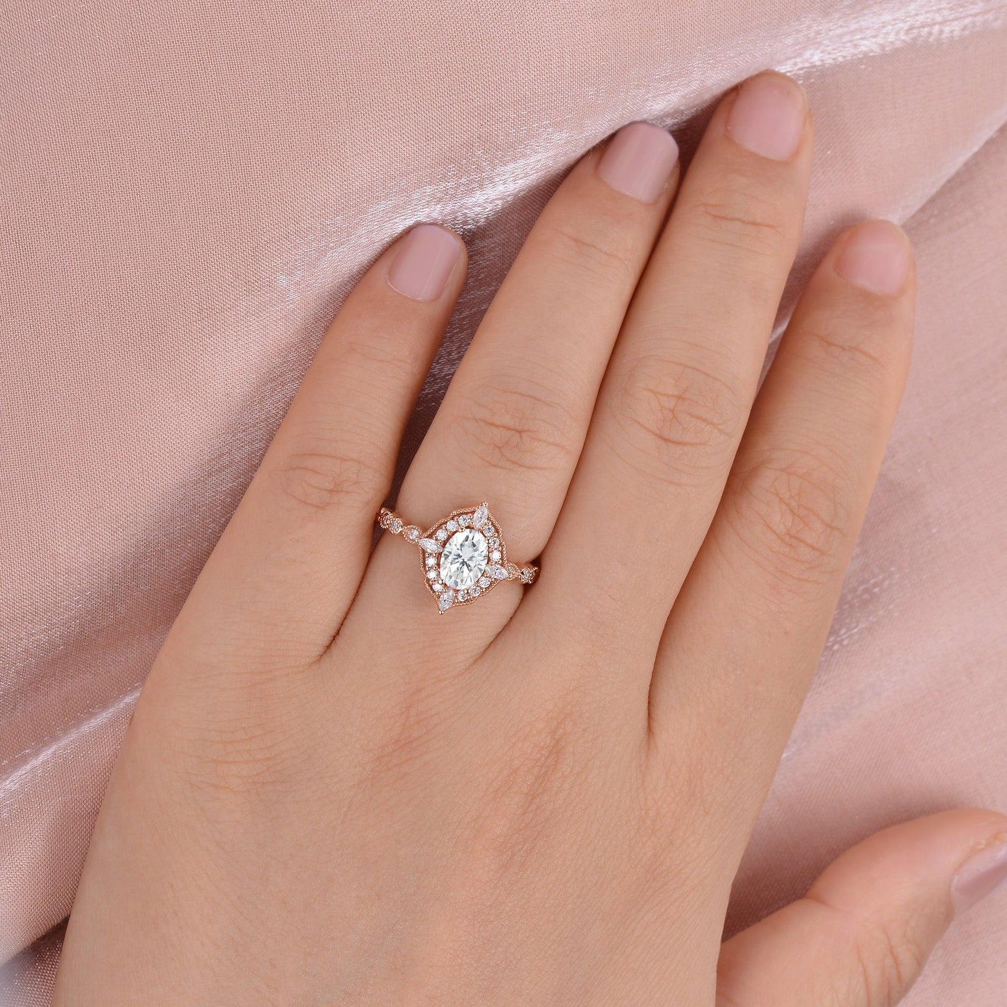 0.94 CT Oval Moissanite Diamond Vintage Halo Engagement Ring