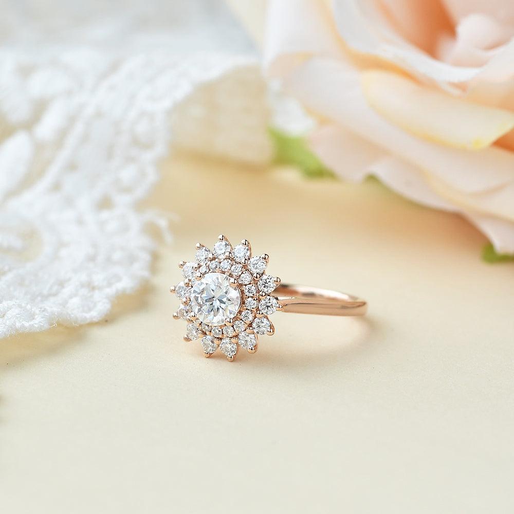 0.42 CT Round Moissanite Diamond Double Halo Engagement Ring