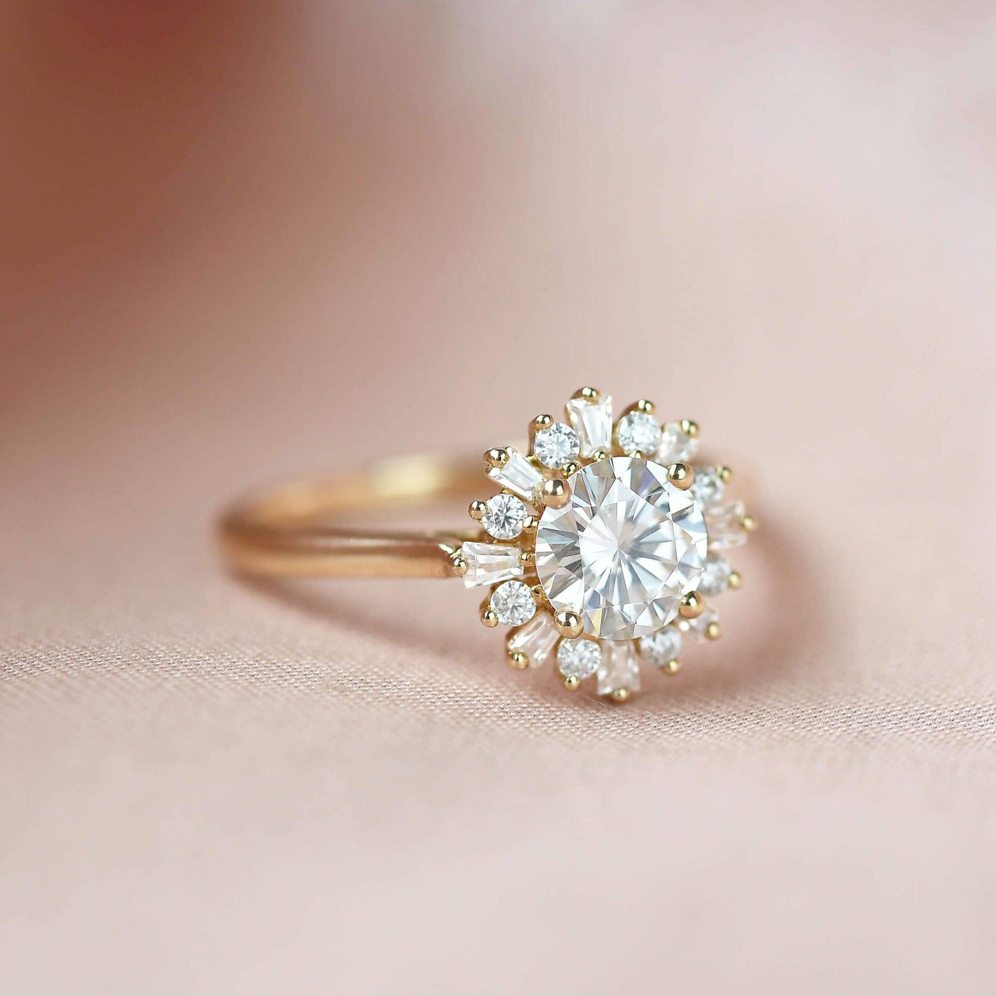 1.0 CT Round Moissanite Diamond Cluster Halo Engagement Ring