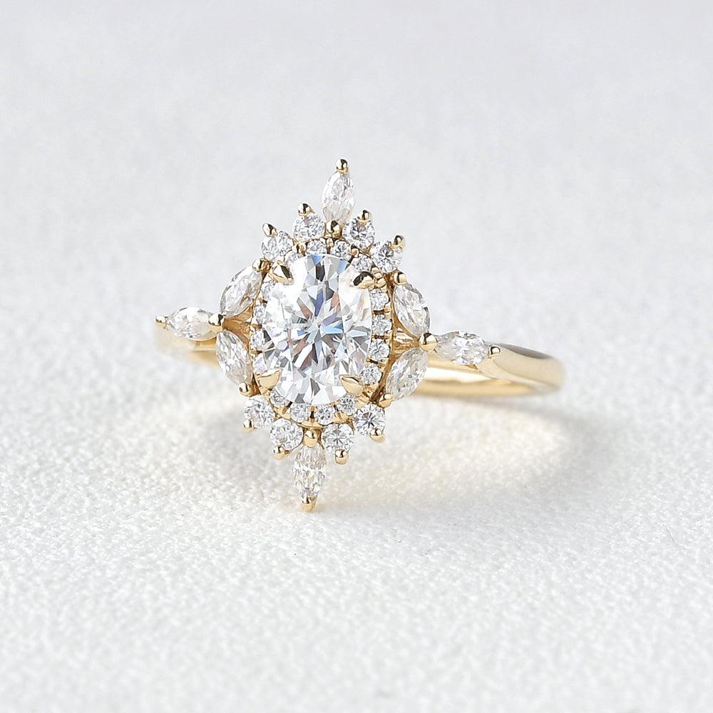 0.95 CT Oval Moissanite Diamond Cluster Engagement Ring