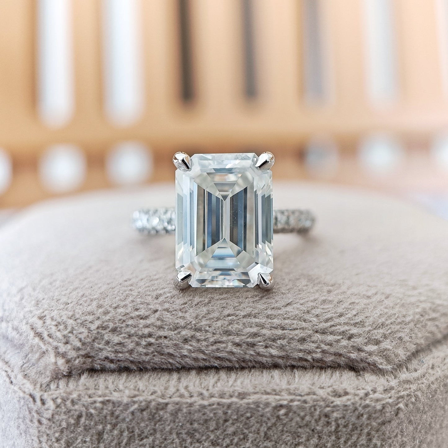 4.10 CT Emerald Cut Moissanite Diamond Pave Engagement Ring