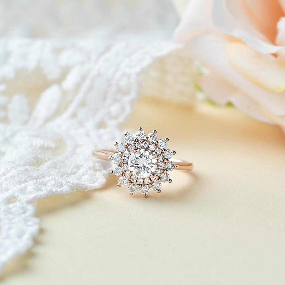 0.42 CT Round Moissanite Diamond Double Halo Engagement Ring