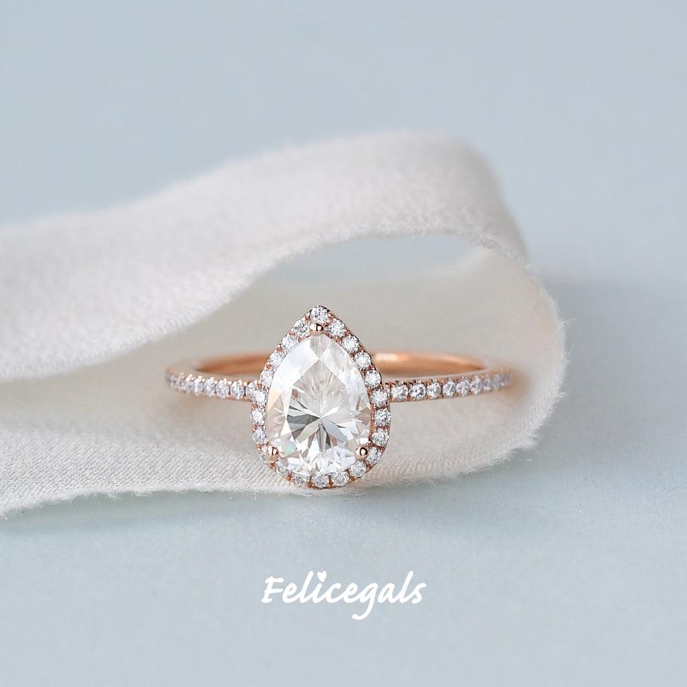 1.25 CT Pear Moissanite Diamond Halo Engagement Ring