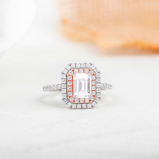 1.6 CT Emerald Cut Double Halo Moissanite Diamond Engagement Ring