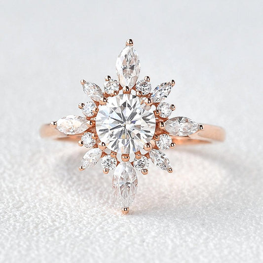 0.7 CT Round Moissanite Diamond Cluster Halo Engagement Ring