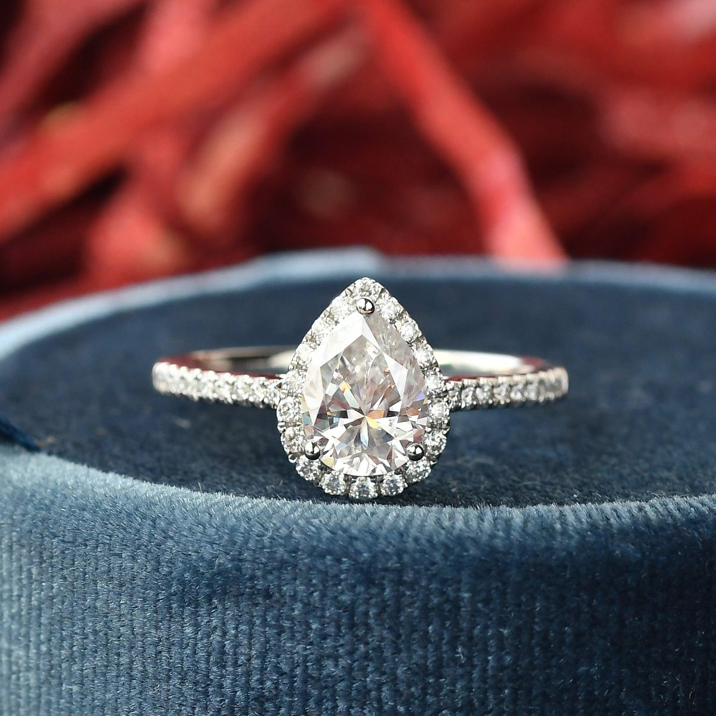 1.25 CT Pear Moissanite Diamond Halo Engagement Ring
