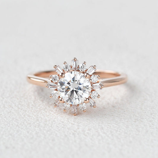 1.0 CT Round Moissanite Diamond Cluster Halo Engagement Ring