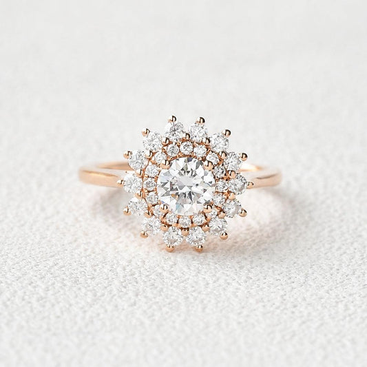 0.42 CT Round Moissanite Diamond Double Halo Engagement Ring