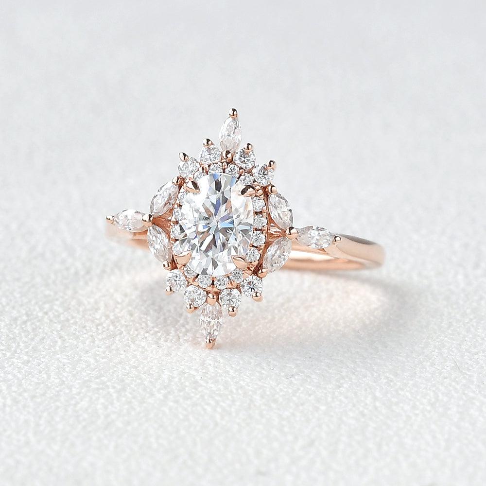 0.95 CT Oval Moissanite Diamond Cluster Engagement Ring