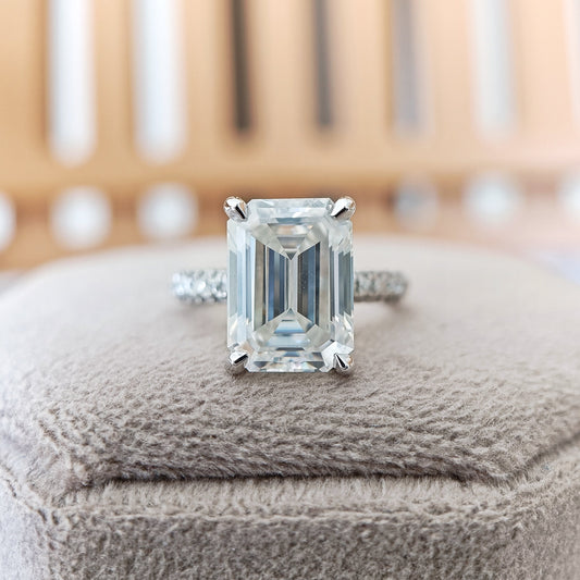 4.10 CT Emerald Cut Moissanite Diamond Pave Engagement Ring