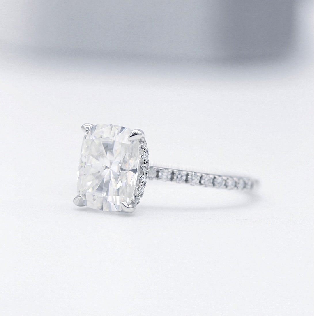 2.01 CT Elongated Cushion Moissanite Diamond Hidden Halo Engagement Ring