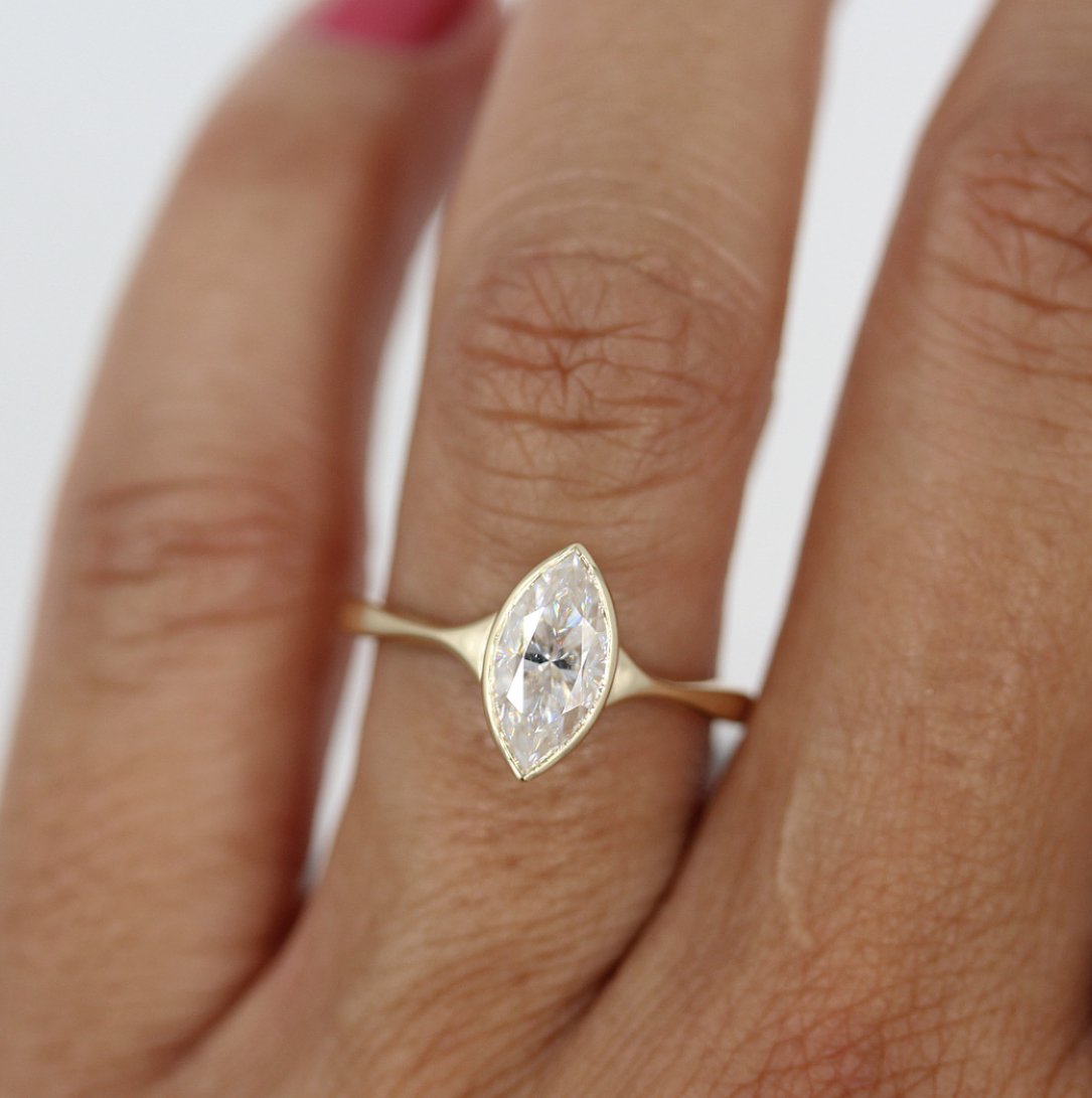 1.0 CT Marquise Moissanite Diamond Bezel Solitaire Engagement Ring