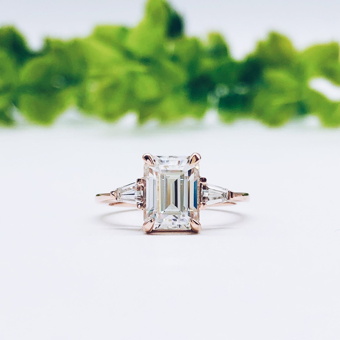 1.9 CT Emerald Moissanite Diamond Three Stones Engagement Ring