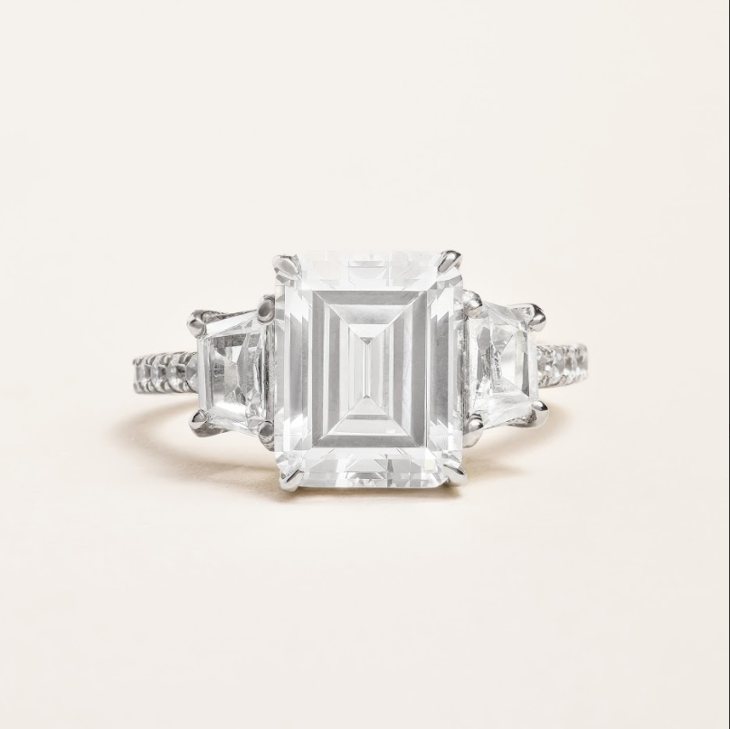 2.1 CT Emerald Cut Three Stone Moissanite Engagement Ring